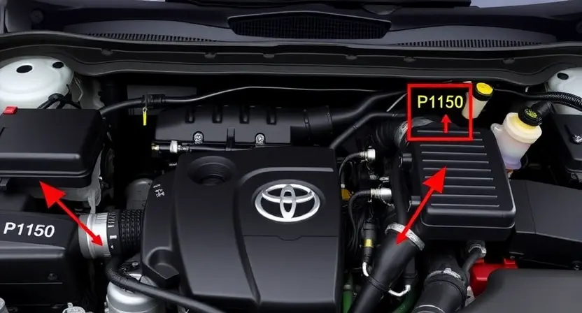 A detailed, high-quality image of a Toyota vehicle's engine bay, specifically highlighting the P1150 error code warning light on the dashboard. Focus on the engine components and the dashboard area where the warning light is visible. The overall scene should convey a sense of automotive maintenance and diagnostics.