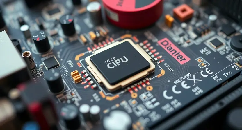 A close-up, detailed illustration of a computer motherboard with a highlighted CPU socket. Focus on the intricate components and connections. The background should be blurred, emphasizing the CPU area.