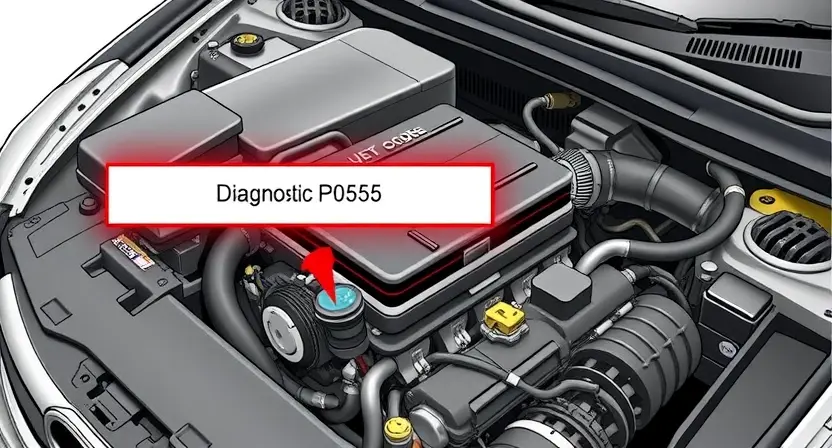 A detailed illustration depicting a car's engine bay with various components clearly visible. Focus on the diagnostic trouble code (P0555) being highlighted with an arrow pointing to a specific sensor or component. Include visual cues representing the symptoms of the malfunction, such as a check engine light illuminated on the dashboard.