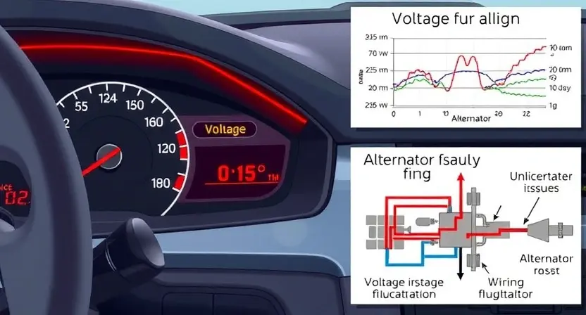 A detailed illustration of a car's electrical system with a visual representation of voltage fluctuations. Include a dashboard displaying a warning light related to voltage instability, and a schematic diagram highlighting potential causes like alternator issues or wiring problems. Focus on clarity and technical accuracy.