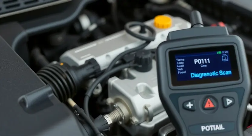 A close-up, detailed image of a car engine bay with a focus on the temperature sensor and its wiring. The engine should be clean and well-lit. Include a diagnostic scan tool displaying a P0111 error code. The overall composition should convey a sense of automotive repair and diagnostics.