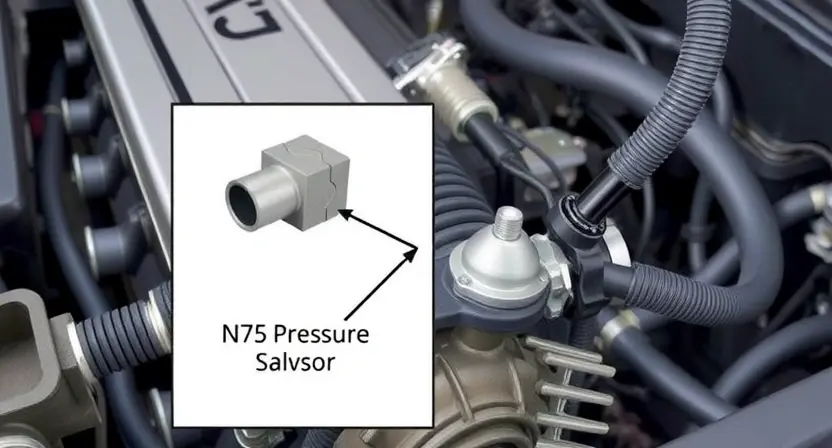 A detailed illustration of an automotive engine bay, focusing on the N75 solenoid valve and its connection to the intake manifold and pressure sensor. The image should clearly show the valve, hoses, and wiring. The background should be slightly blurred to emphasize the components.