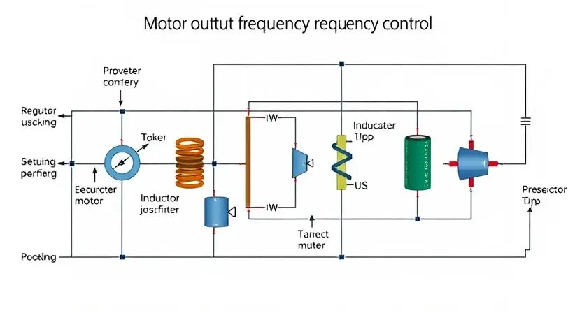 A detailed technical illustration of a motor's output frequency control circuit, showing components like capacitors, inductors, and transistors. The circuit should be clearly labeled with component names and their connections. Focus on the internal workings of the circuit and its role in regulating the motor's speed.