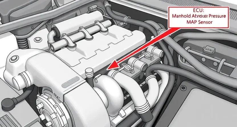A detailed illustration of a car's engine bay, highlighting the Manifold Absolute Pressure (MAP) sensor. The sensor should be clearly visible, with arrows pointing to the intake manifold and the engine control unit (ECU). The image should also show the airflow path and the sensor's connection to the ECU via wiring. Focus on the sensor's physical appearance and its location within the engine system. Use a clean, technical illustration style.