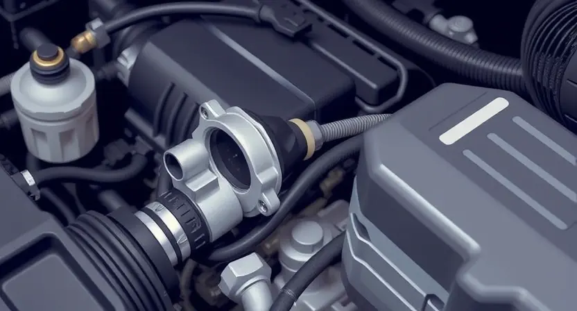 A close-up, detailed illustration of a car's engine bay. Focus on the mass airflow sensor (MAF sensor) and its surrounding components. The sensor should be clearly visible, with wires and hoses connected. The engine bay should appear clean and well-maintained. Use realistic lighting and textures to emphasize the mechanical details.