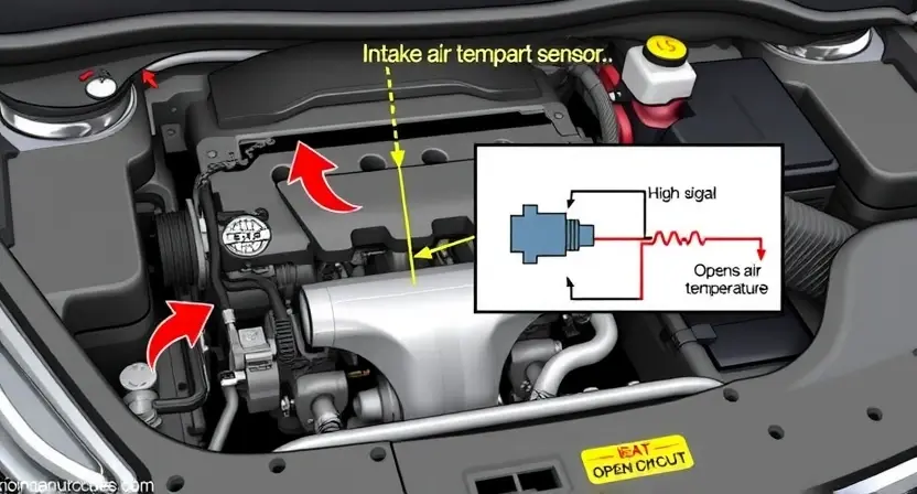 A detailed illustration of a car's engine bay, highlighting the Intake Air Temperature (IAT) sensor. The sensor should be clearly visible, with arrows pointing to the air intake duct and the engine control unit (ECU). Include a simplified diagram showing the sensor's internal components and how it measures air temperature. Visually represent a high signal and an open circuit condition with appropriate color coding (e.g., red for high, broken line for open circuit). Focus on clarity and technical