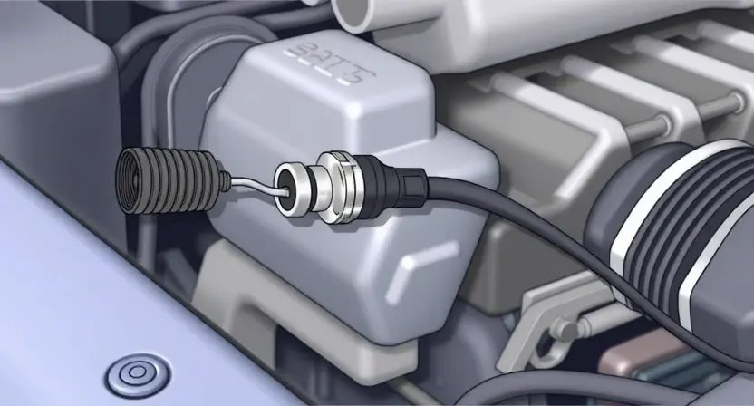A close-up, detailed illustration of a car engine bay with a focus on the oxygen sensor and associated wiring. The sensor should be clearly visible, along with the wiring harness connecting it to the engine control unit (ECU). Include subtle visual cues indicating a potential issue, such as a slightly discolored wire or a slightly obscured sensor. The background should be blurred to emphasize the engine components.