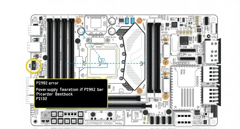 A detailed schematic diagram of a computer motherboard, highlighting the P2192 error related components (e.g., power supply, chipset, memory slots). Focus on the connections and potential points of failure. The image should be clean and professional, resembling a technical illustration.