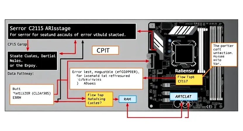 A detailed schematic diagram illustrating the C2115 error code in a computer system. The diagram should show the affected components (CPU, RAM, motherboard) and the potential causes of the error. Include visual representations of data flow and error pathways.