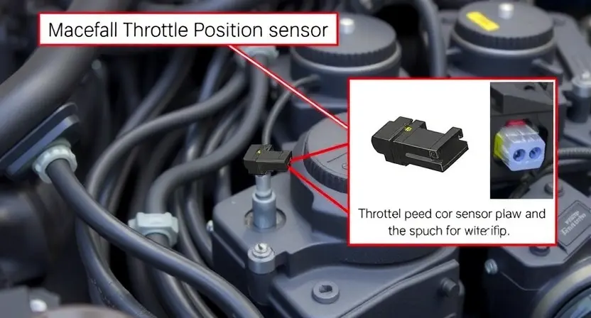 A detailed illustration of a car's engine bay, focusing on the throttle position sensor and its wiring. The sensor should be clearly visible, along with the associated wiring harness and connectors. The background should be slightly blurred to emphasize the sensor.