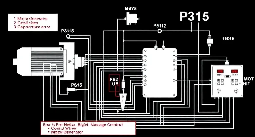 A detailed schematic diagram of a motor-generator control circuit, highlighting the P3115 error. Include visual representations of the motor, generator, control unit, and relevant wiring. Focus on clarity and precision in depicting the electrical connections and components.