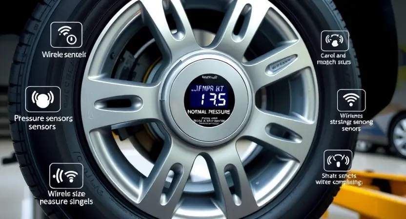 A modern car tire pressure monitoring system (TPMS) sensor installed on a wheel rim, with digital readout showing normal pressure levels, surrounded by subtle technical diagrams of pressure sensors and wireless signals, clean automotive workshop background, soft natural lighting, no text or labels visible