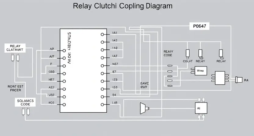 A detailed schematic diagram of a relay clutch coupling circuit, highlighting the P0647 error code. Include labeled components like relays, solenoids, sensors, and wiring. The diagram should be clean and professional, suitable for a technical manual.