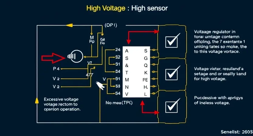 A detailed schematic diagram of a sensor circuit, highlighting the potential for high voltage. Include visual representations of the sensor, voltage regulator, and the impact of excessive voltage on the system's operation. Focus on clarity and technical accuracy.