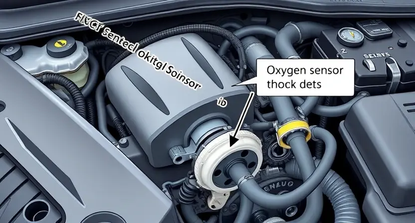 A detailed illustration of a car engine bay with a highlighted oxygen sensor. The sensor should be clearly visible, with arrows pointing to its location and surrounding components. Focus on the sensor's physical appearance and its connection to the engine. The background should show other engine parts, but the oxygen sensor should be the central focus.
