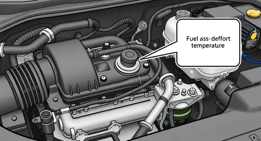 A detailed illustration of a car engine bay, focusing on the fuel temperature sensor and related components. The sensor should be clearly visible, along with wiring and connections. The engine should be in a state of normal operation, with no visible issues.