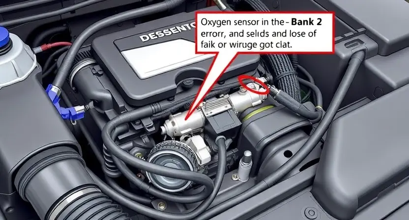 A detailed illustration of an automotive engine bay, focusing on the area around the oxygen sensor in Bank 2. The sensor should be clearly visible, along with wiring and hoses connected to it. Show potential causes of the error, such as a damaged sensor, loose connections, or a faulty wiring harness. The overall scene should be realistic and informative, suitable for a repair manual or online tutorial.