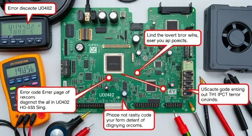 A high-quality technical illustration showing a printed circuit board with a highlighted U0402 component, surrounded by diagnostic tools like a multimeter and oscilloscope, with clear labels indicating error code U0402 and repair steps, in the style "HQ-832-448-h"