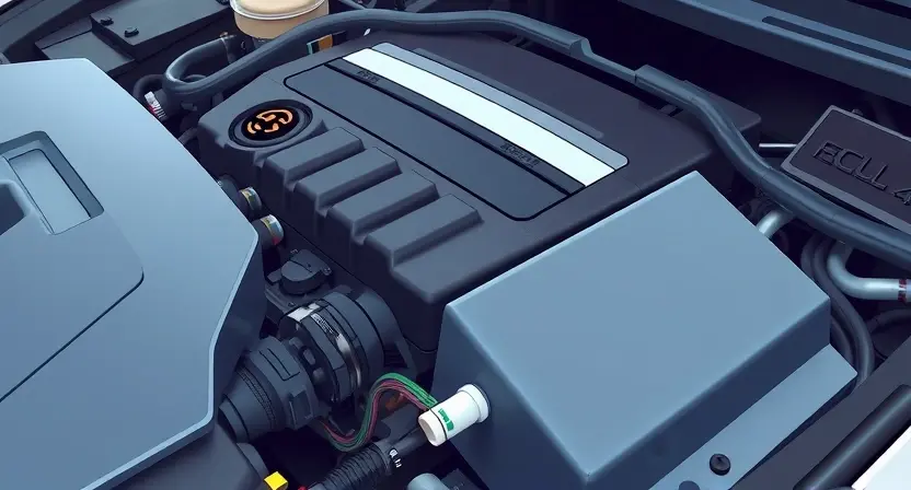 A close-up, detailed illustration of a car's engine bay. Focus on the engine control unit (ECU) and related sensors. The engine should appear clean and well-maintained. Subtle visual cues indicating a potential sensor malfunction (e.g., a slightly disconnected wire, a faint discoloration) can be included without being overly dramatic. The overall lighting should be bright and professional, highlighting the components.