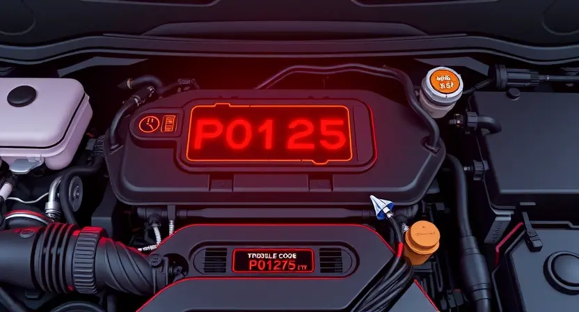 A detailed illustration of a car's engine bay with a check engine light illuminated. Focus on the diagnostic trouble code (P0125) displayed on a dashboard or screen. Include various engine components like the intake manifold, hoses, and sensors.