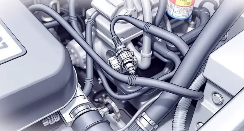A close-up, detailed illustration of a car's engine bay, specifically highlighting the oxygen sensor and related wiring. The sensor should be clearly visible, along with the surrounding engine components. Focus on the sensor's position and connection points.