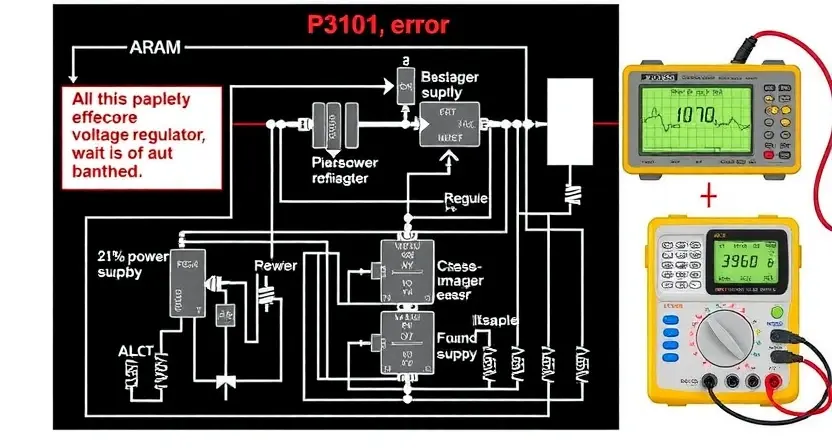 A detailed schematic diagram illustrating a P3101 error, showing the affected component (likely a power supply or voltage regulator), along with diagnostic tools like a multimeter and oscilloscope. The diagram should clearly indicate the circuit path and potential points of failure.