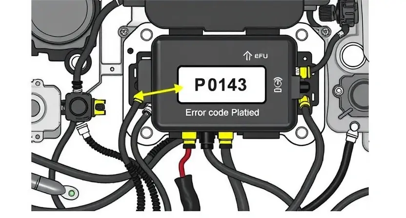A detailed illustration of an automotive engine control unit (ECU) with various sensors and wiring, highlighting the P0143 error code indicator. The image should be clean and professional, suitable for a technical manual or website.