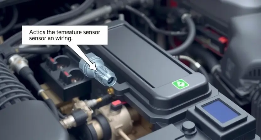A detailed illustration of an automotive engine bay, focusing on the temperature sensor and its wiring. The sensor should be clearly visible, along with associated connectors and diagnostic tools. The background should be slightly blurred to emphasize the sensor.