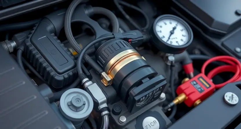 A detailed illustration of a car's engine bay, focusing on the solenoid valve for pressure control (G). The solenoid should be clearly visible, with wires and hoses connected. Include diagnostic tools like a multimeter and a pressure gauge nearby. The background should be slightly blurred to emphasize the solenoid.