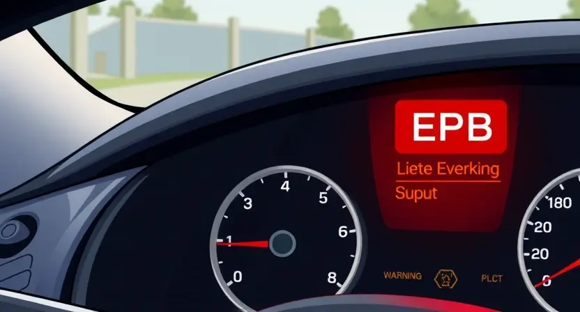A detailed illustration of a car's dashboard with a warning light illuminated, specifically the EPB (Electronic Parking Brake) warning light. The dashboard should show a clear representation of the instrument cluster and the warning light's indicator. The background should be a slightly blurred view of the car's interior.