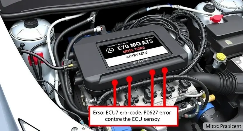 A detailed illustration of an engine control unit (ECU) with various sensors and wiring, highlighting the P0627 error code. The image should depict a car engine bay with the ECU prominently displayed.