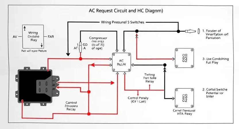 A detailed schematic diagram of a car's HVAC (Heating, Ventilation, and Air Conditioning) system, highlighting the circuit related to the AC request. Focus on the wiring, relays, and control module. Use clear color-coding to differentiate components. The diagram should be clean and easy to understand, illustrating the flow of signals and potential points of failure. Include labels for key components like the compressor, pressure switches, and the control unit.