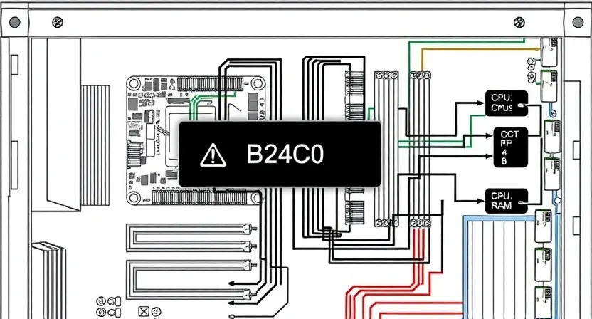 A detailed schematic diagram of a computer system, highlighting a specific error code B24C0. The diagram should show interconnected components like CPU, RAM, motherboard, and storage devices. The error code should be clearly labeled on the diagram with an accompanying visual representation of the error (e.g., a broken circuit symbol).