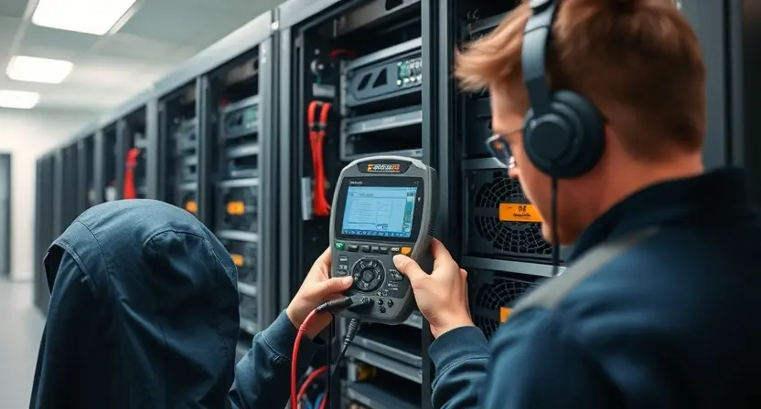 A technician using diagnostic equipment to troubleshoot a server, with focus on the server's internal components and the diagnostic interface. The server room should be clean and well-lit.