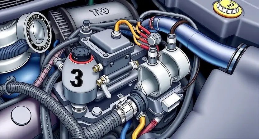 A detailed illustration of a car engine bay, focusing on the throttle position sensor (TPS) and its wiring. The image should clearly show the sensor's location near the throttle body, highlighting its electrical connections. Include surrounding engine components like hoses, belts, and the intake manifold to provide context. The overall composition should be clean and informative, suitable for a repair manual or diagnostic guide. Use realistic lighting and textures to depict the metallic and plas