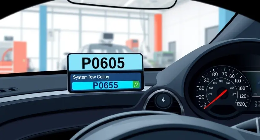 A detailed illustration of a car's diagnostic interface displaying the error code P0605. The interface should show the code prominently, along with a visual representation of the affected system (e.g., engine control module). The background should be a clean, professional automotive workshop setting.