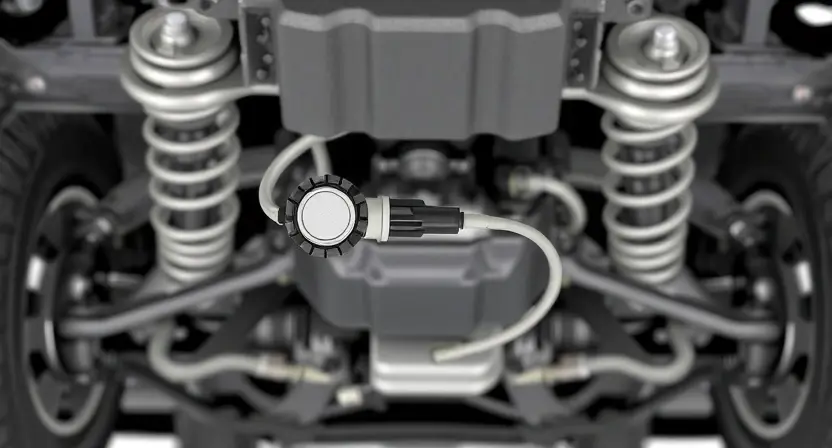 A close-up, detailed illustration of a car's undercarriage, specifically focusing on the differential pressure sensor and its wiring. The sensor should be clearly visible, along with the wiring harness connecting it to the vehicle's control system. The background should be a slightly blurred view of the suspension components. The overall lighting should be bright and even, highlighting the details of the sensor and wiring.