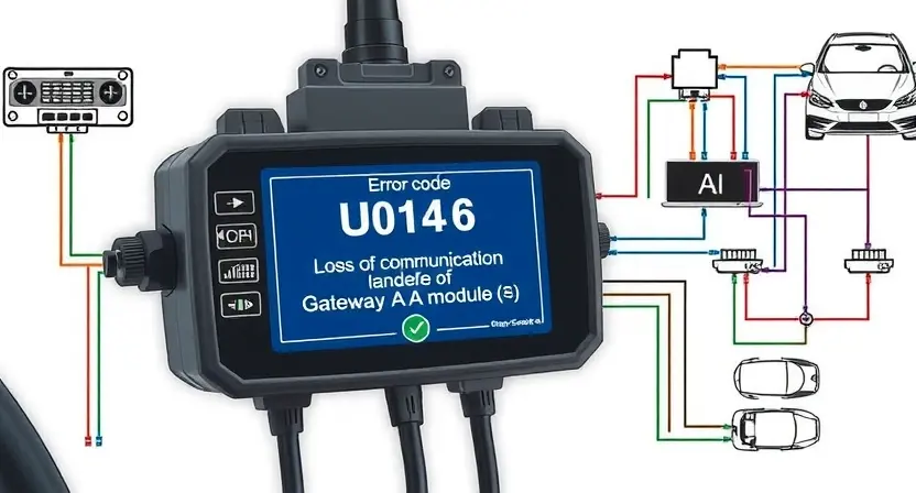 A high-quality technical illustration showing a vehicle's OBD-II diagnostic interface displaying error code U0146, with a warning message about loss of communication with Gateway A module, surrounded by schematic diagrams of automotive communication networks and network cables, clean white background, professional automotive repair documentation style