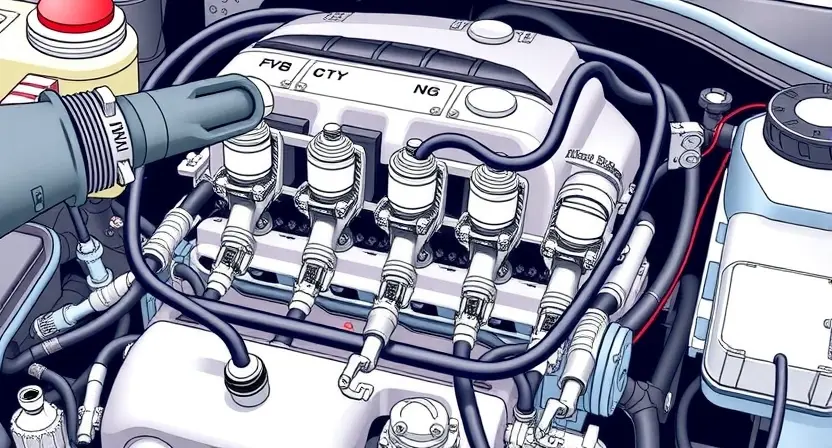 A detailed illustration of a car engine's fuel system, specifically highlighting the fuel injectors and intake manifold. The image should visually represent a lean fuel mixture issue, perhaps with subtle visual cues like a slightly hazy or incomplete combustion representation within the cylinders. Focus on the internal components and their relationship to fuel delivery.