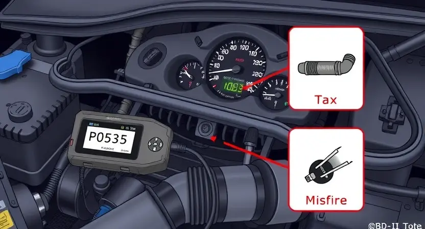 A detailed illustration of a car's engine bay with a diagnostic tool connected to the OBD-II port. Focus on the dashboard displaying a P0535 error code, alongside visual representations of potential causes like a faulty catalytic converter or a misfire.