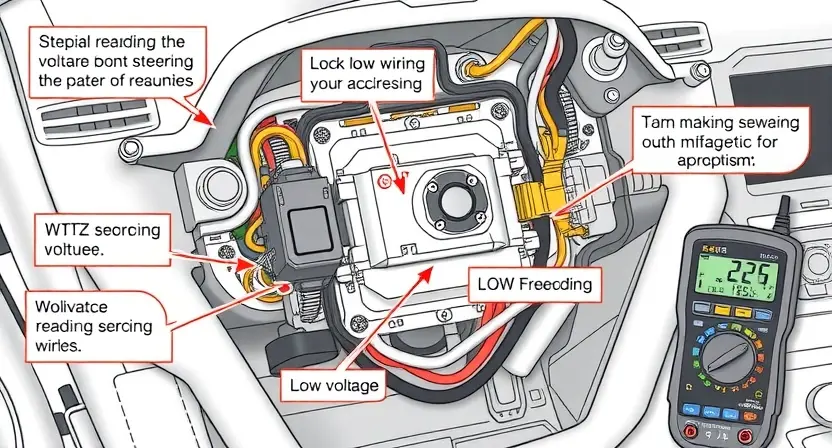 A detailed technical illustration of a car's steering control module showing low voltage issues, with highlighted wiring, voltage meter readings, and diagnostic tools, clean technical diagram style