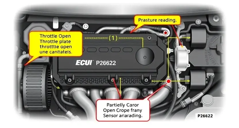 A detailed illustration of an engine control unit (ECU) with various sensors and wiring, highlighting the throttle body control system. Focus on the components related to the P2622 error code. Include visual cues indicating a potential malfunction, such as a partially open throttle plate or a sensor reading anomaly.