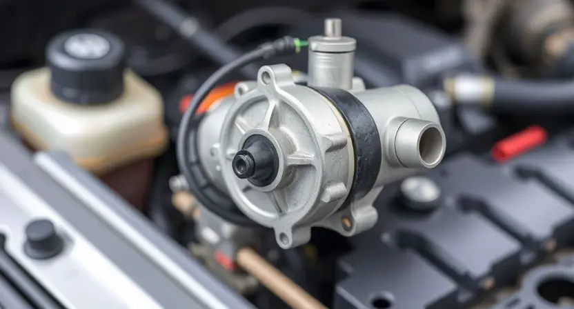 A close-up, detailed photograph of a car's power steering pump and motor assembly. The focus should be on the motor, highlighting its electrical connections and physical components. The background should be blurred, suggesting a car engine bay. The lighting should be bright and even, showcasing the details of the parts. The overall impression should be technical and informative, suitable for a repair manual.
