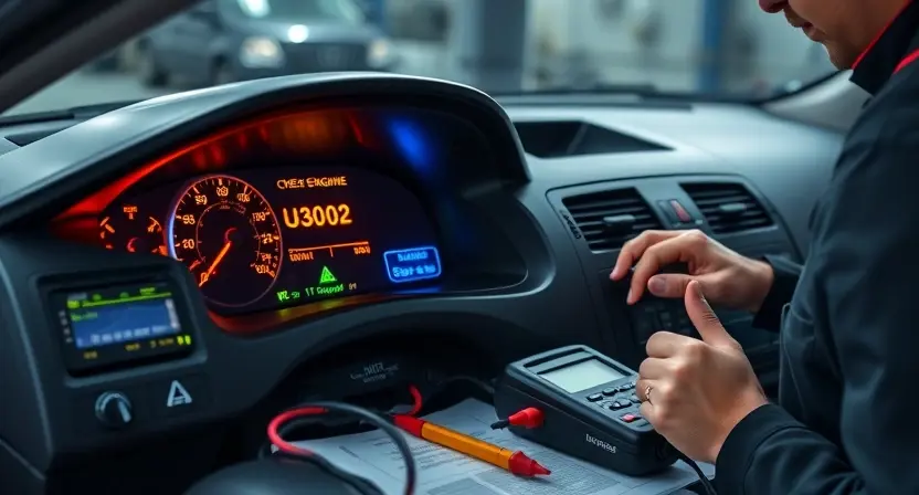 A professional automotive diagnostic scene showing a car's dashboard with a glowing check engine light displaying error code U3002, surrounded by diagnostic tools like an OBD-II scanner, multimeter, and wiring diagrams on a workbench, with a mechanic in uniform examining the system, soft workshop lighting, high detail, realistic style