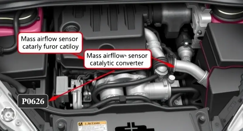 A detailed illustration of a car engine with the P0626 error code highlighted. Focus on the components related to the mass airflow sensor and the catalytic converter. Include visual cues indicating a potential issue with the sensor or catalytic converter.