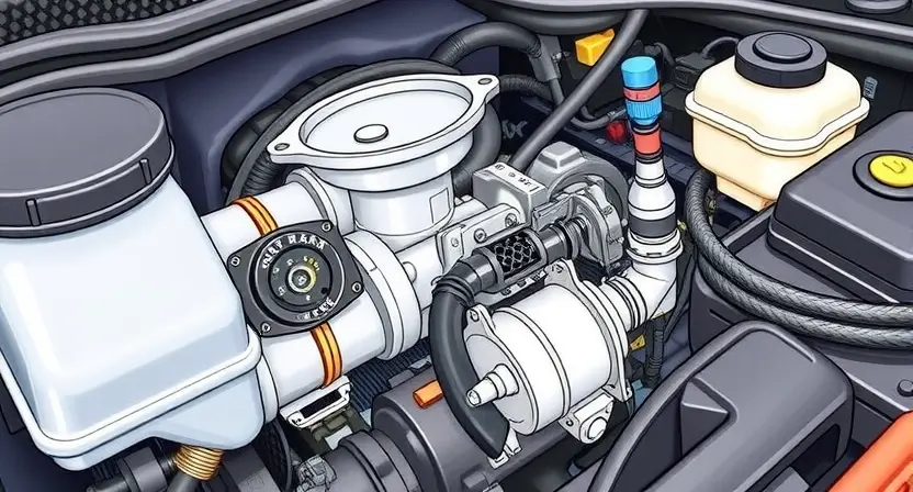 A detailed illustration of a car engine bay, focusing on the fuel injection system. Show a fuel pump, fuel injectors, and fuel lines. The engine should be partially visible, with a clear representation of the fuel system components. The image should be well-lit and show close-ups of the relevant parts.
