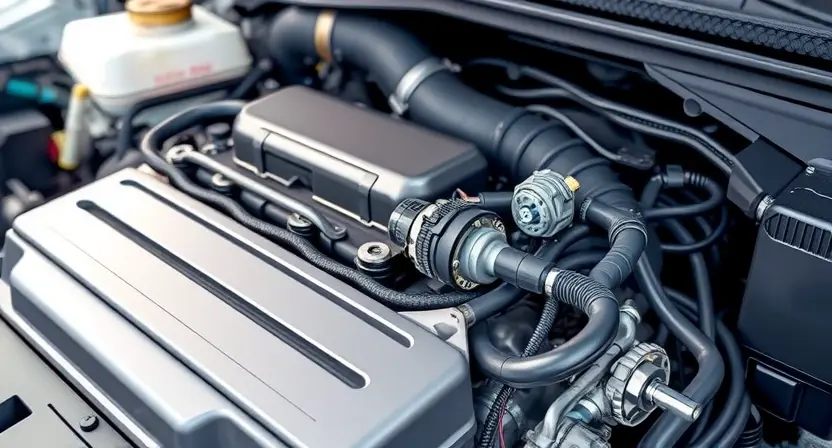 A close-up, detailed illustration of a car engine bay. Focus on the engine's components, specifically the MAP sensor and related vacuum lines. The engine should appear clean and well-maintained. Use bright, realistic colors to highlight the parts. The background should be slightly blurred to emphasize the engine. The overall impression should be informative and technical, suitable for a repair manual.