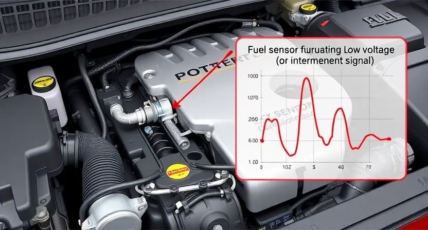 A detailed illustration of a car engine bay, focusing on the fuel system components. Include a fuel sensor, fuel lines, and a visual representation of a fluctuating signal indicating a low voltage or intermittent signal. The engine should be partially disassembled to highlight the sensor and its connection.
