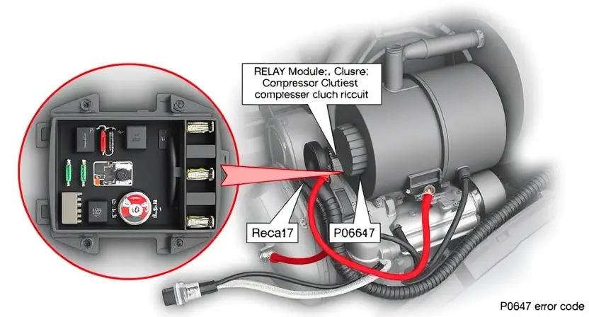 A detailed illustration of a car's relay module and its connection to a compressor clutch circuit, highlighting the P0647 error code. Focus on the physical components and wiring.