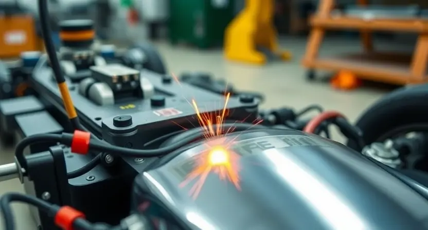 A close-up, detailed illustration of an electric car's chassis with visible electrical components and a small spark arcing from the chassis to the metal body. Focus on the point of contact and the electrical discharge. The background should be blurred, suggesting a workshop environment.